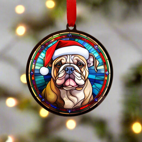 Bulldog in Santa Hat Suncatcher Decoration - CLEARANCE